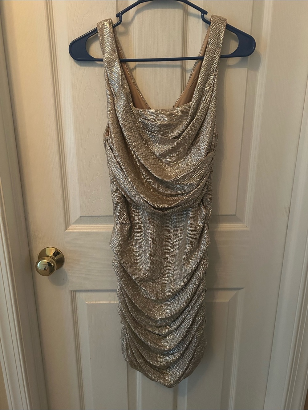 Express Metallic Gold Draped Mini Dress